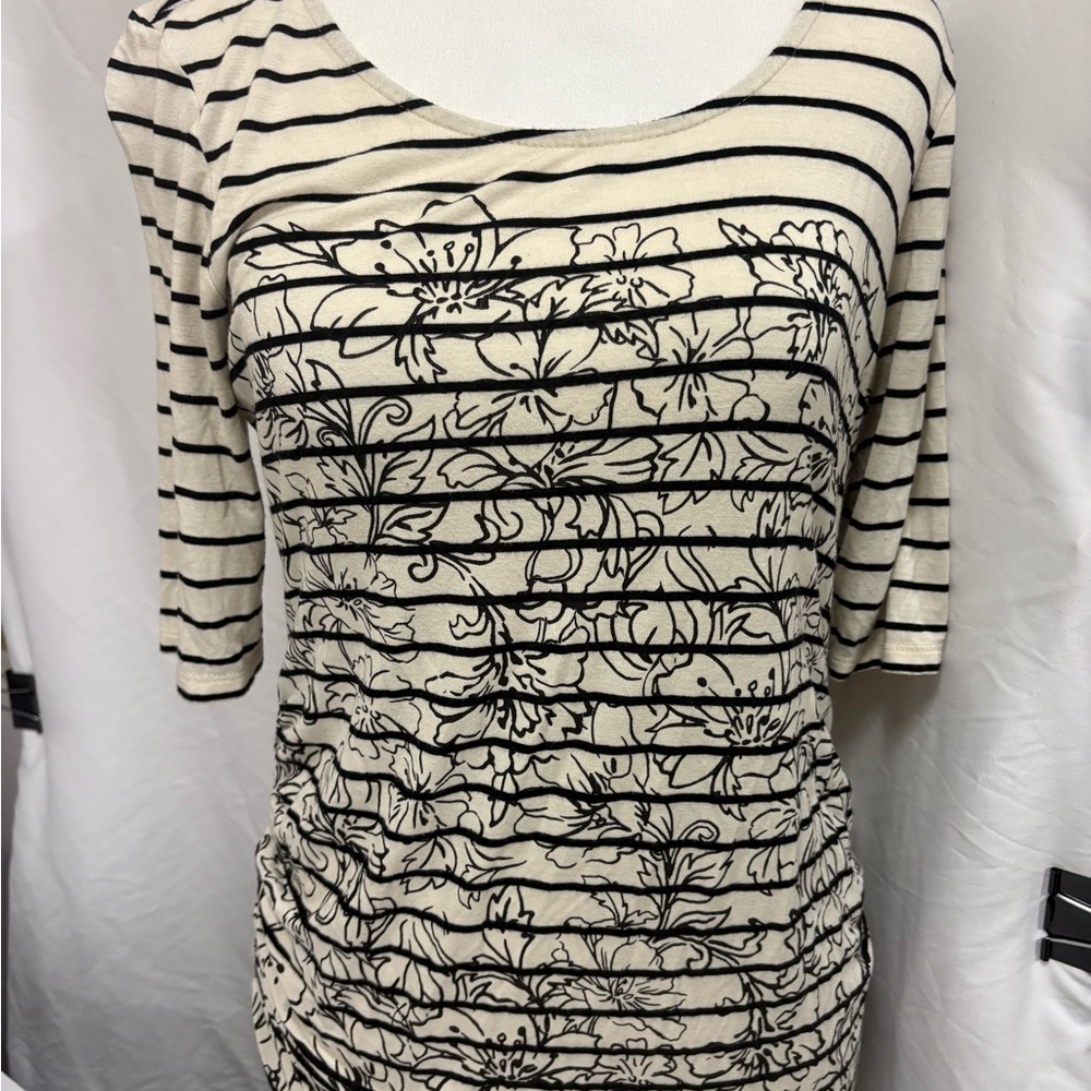 Banana Republic Black and Cream Striped Floral Scoop Neck Top